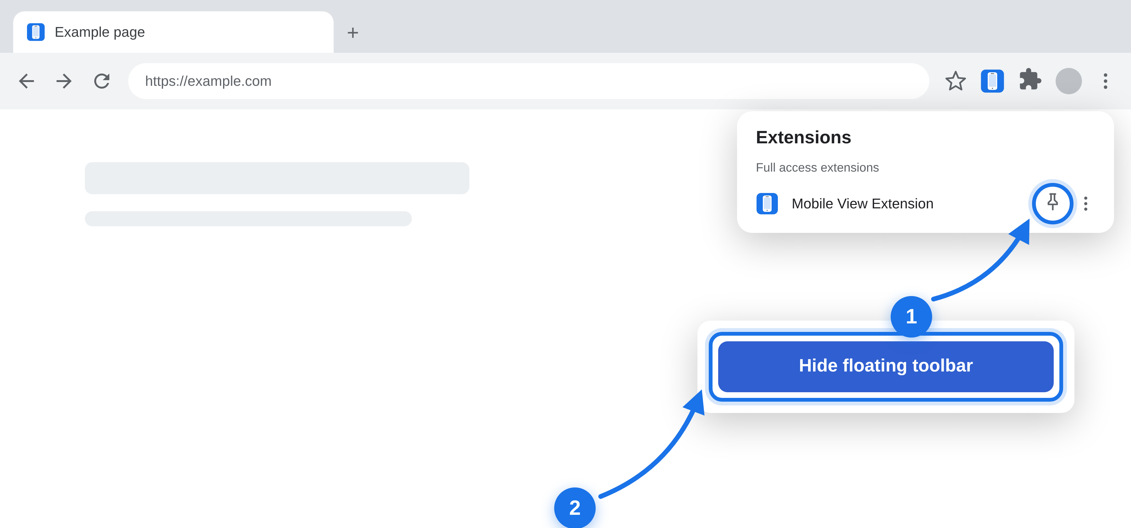 Chrome extensions menu with the pin icon and the Hide floating toolbar button highlighted